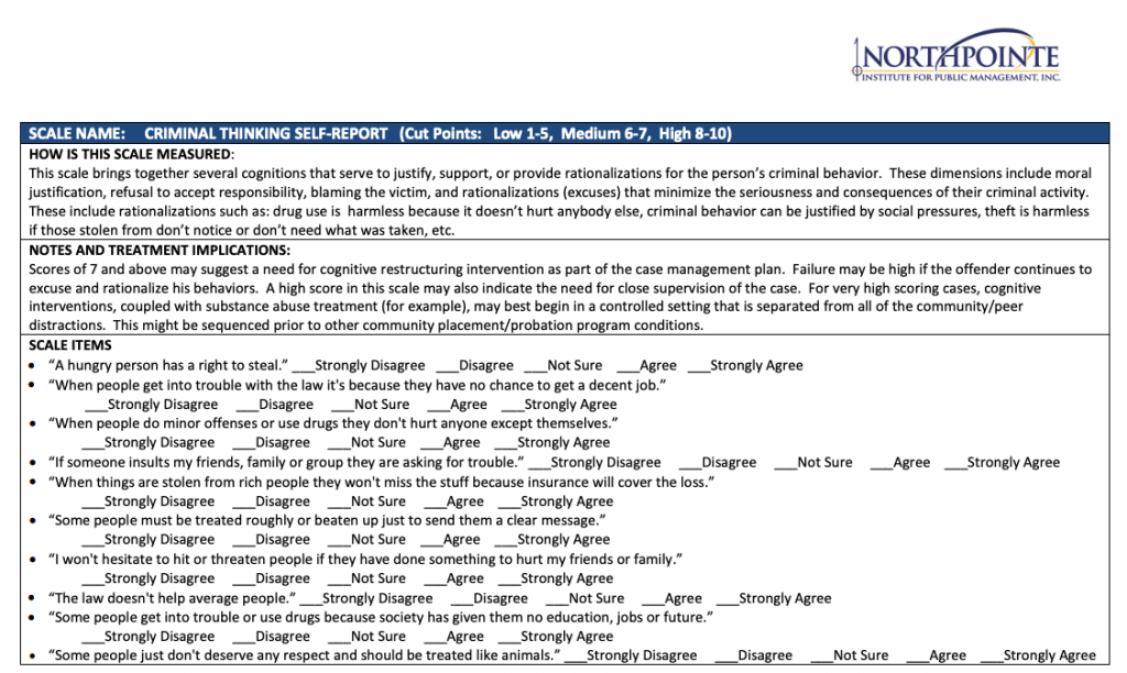 Sample questionnaire used by COMPAS to assess a person's criminal thinking. It includes three sections describing how the scale is measured, notes and treatment implications, and sample scale items 